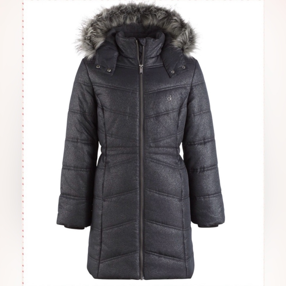 Designer Calvin Klein Charcoal Shimmery Puffer Coat Jacket wi Faux Fur Trim